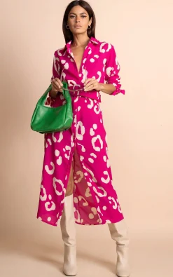 Alva Midi Shirt Dress In Oversized Leopard Cream On Magenta