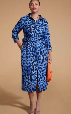 Alva Midi Shirt Dress In Bright Blue Leopard