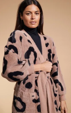 Coco Wrap Cardigan In Black On Mocha Leopard