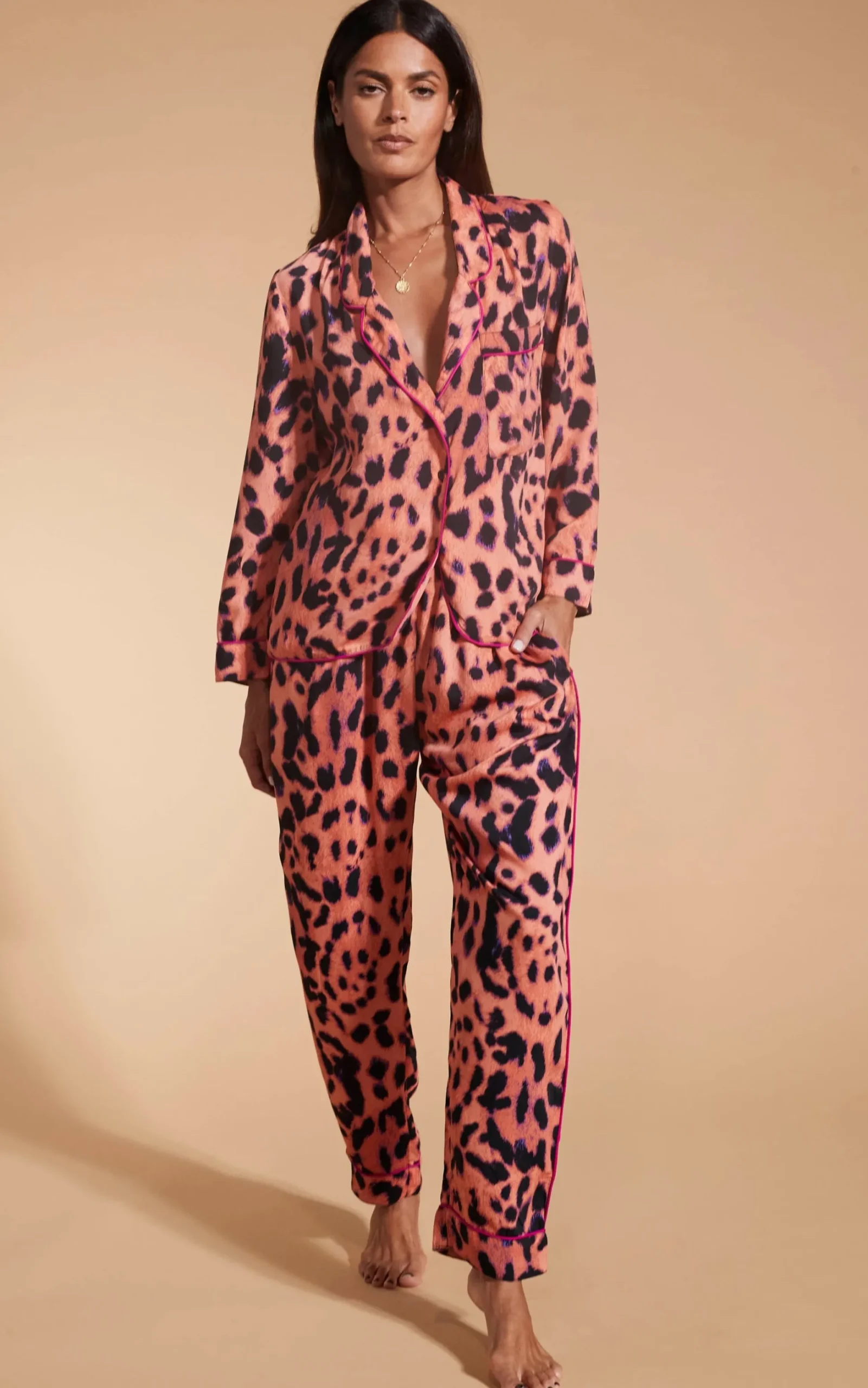 Cosmos Satin Long Leg Pj Set In Plorange Leopard