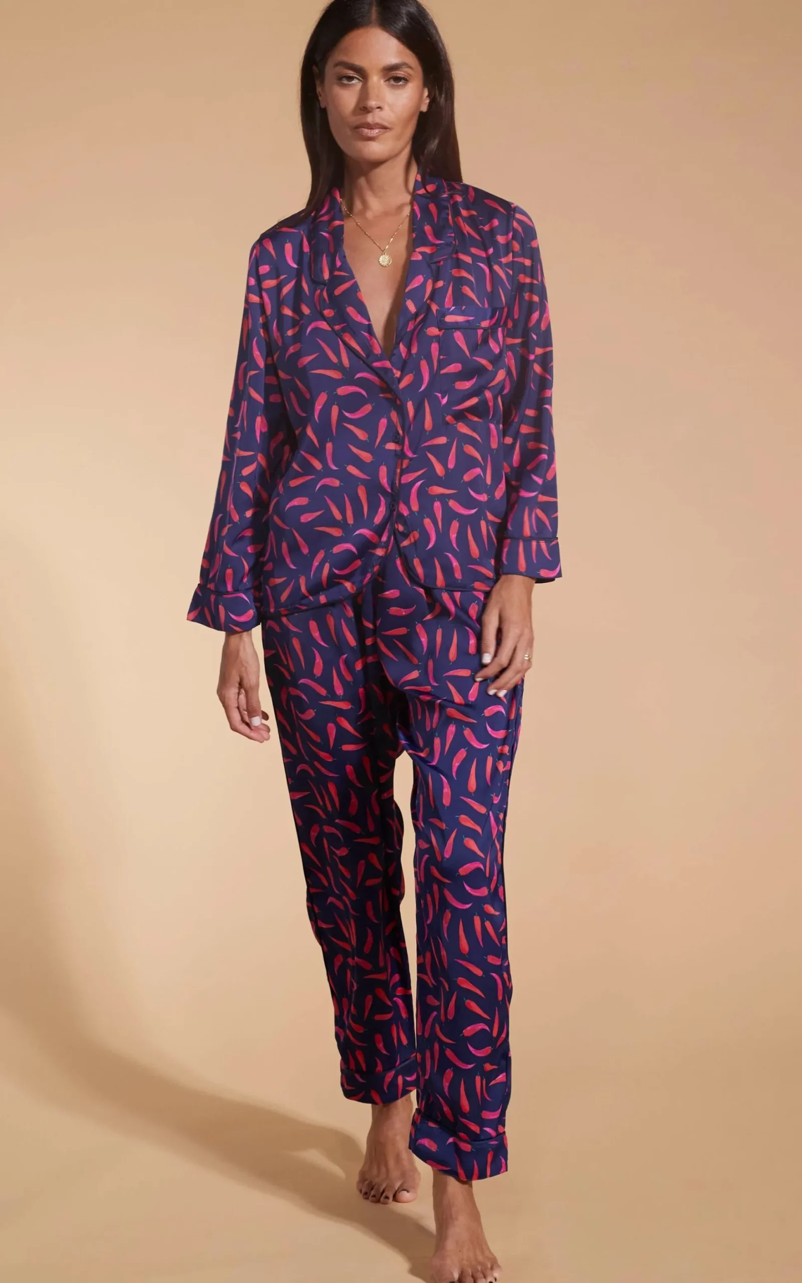 Cosmos Satin Long Leg Pj Set In Chilli Pepper