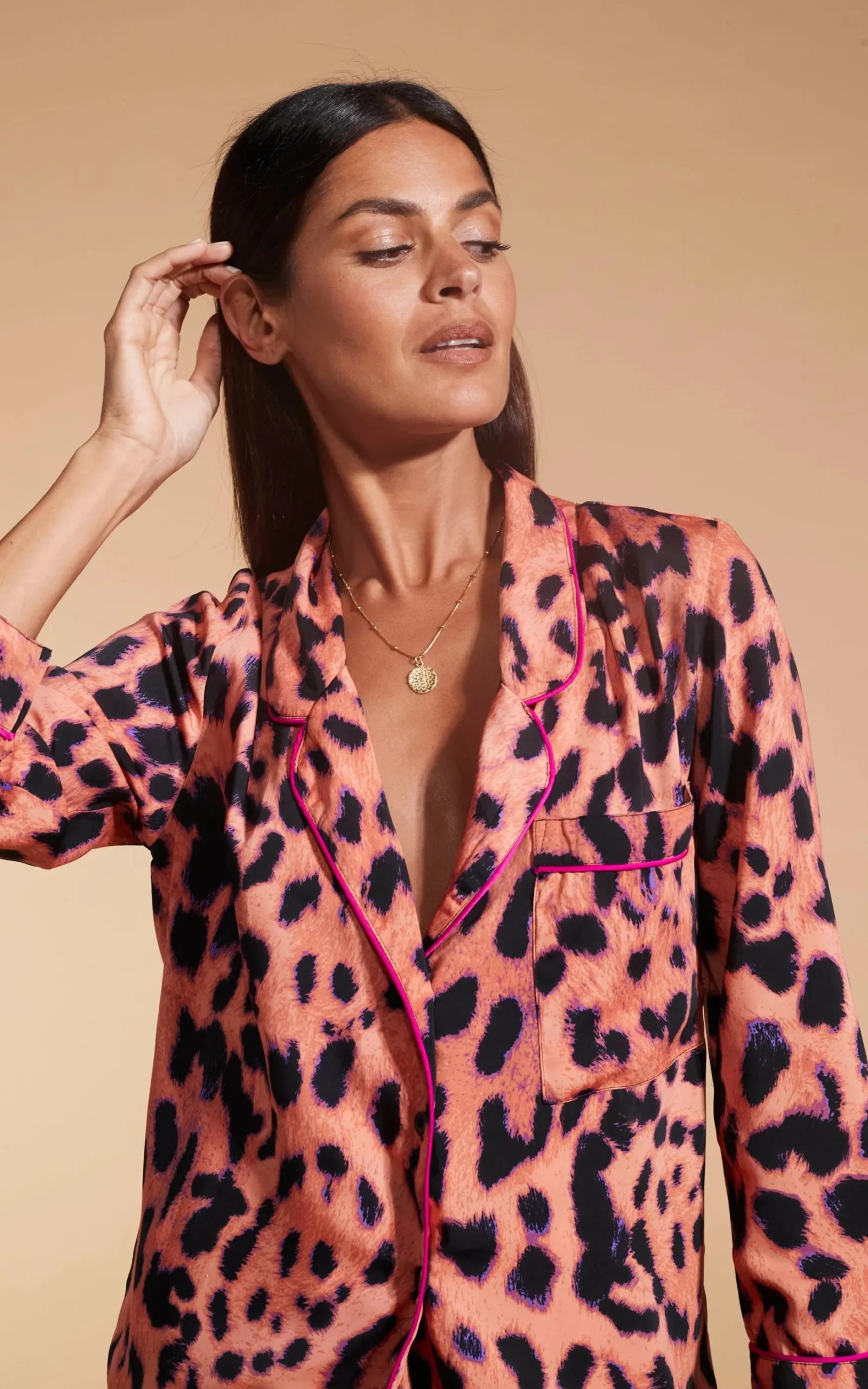 Cosmos Satin Long Leg Pj Set In Plorange Leopard