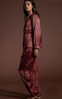 Cosmos Satin Long Leg Pj Set In Ruby Red Leopard