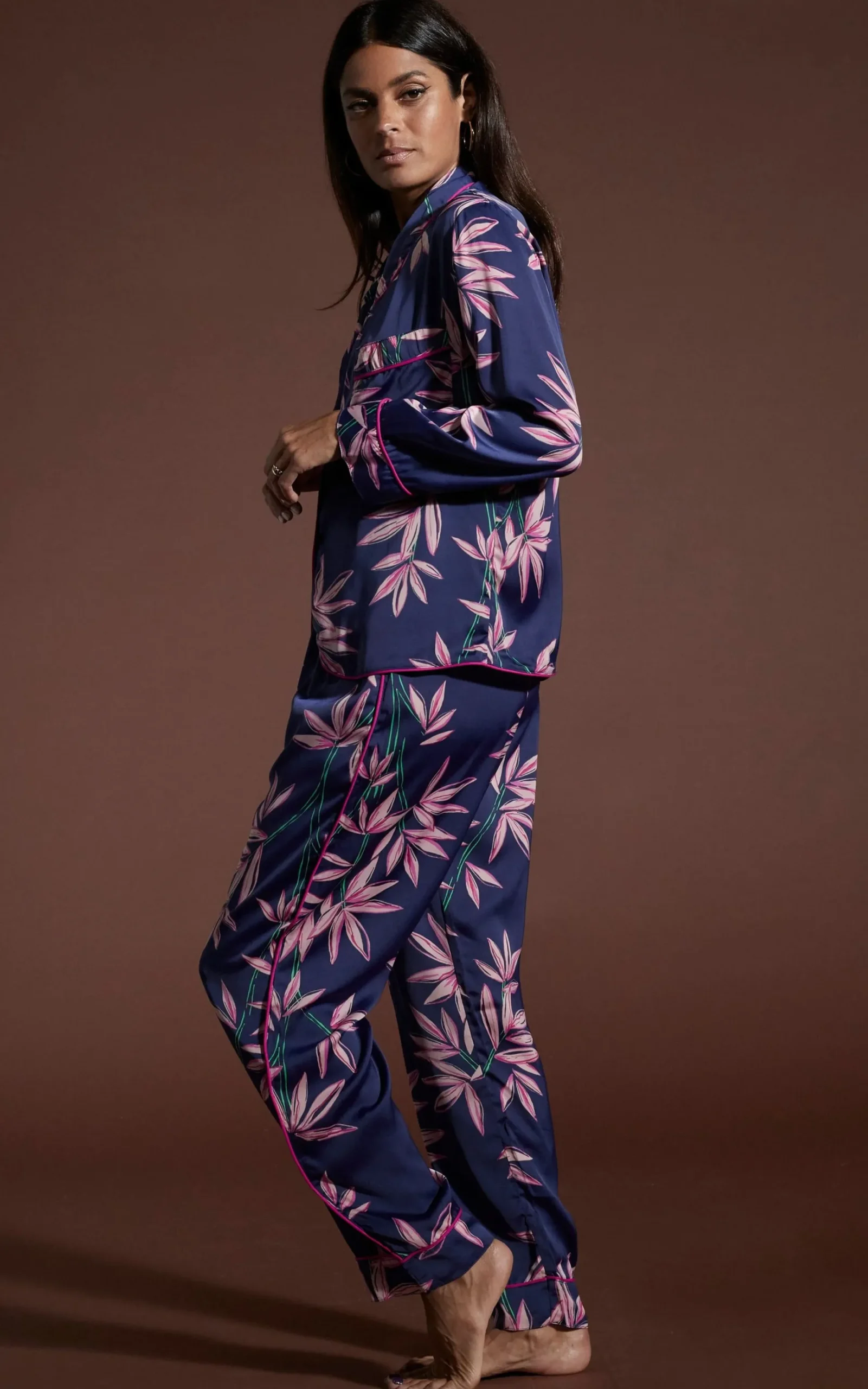 Cosmos Satin Long Leg Pj Set In Bamboo Navy Base