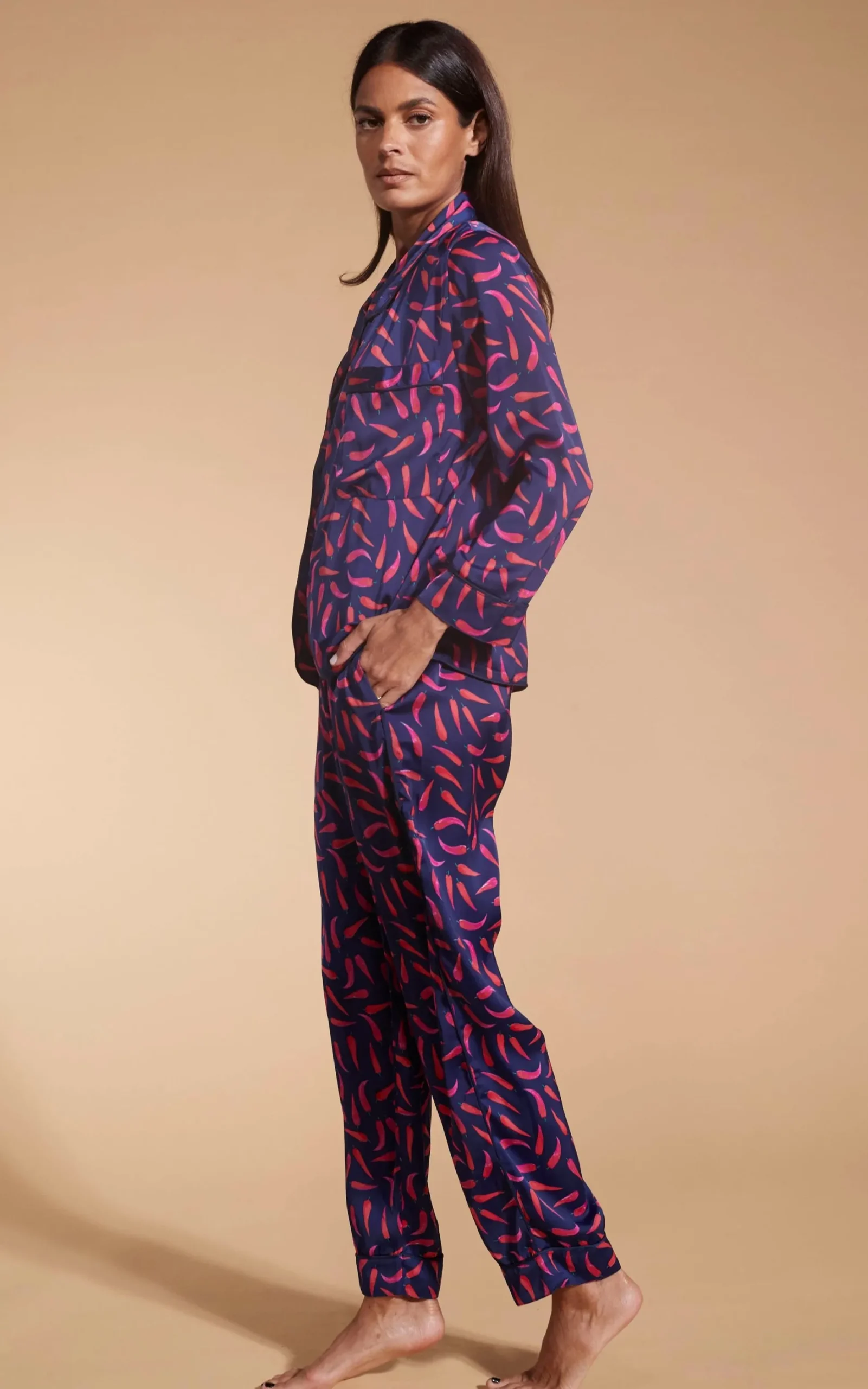 Cosmos Satin Long Leg Pj Set In Chilli Pepper