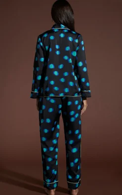 Cosmos Satin Long Leg Pj Set In Polka Dot Blue On Black