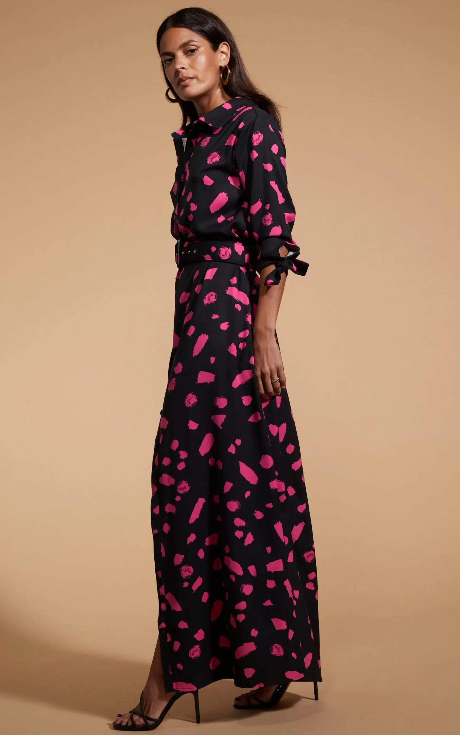 Dove Dress In Abstract Dot Pink On Black