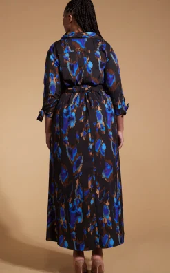 Dove Dress In Camo Abstract Blue On Black- Extended Sizing