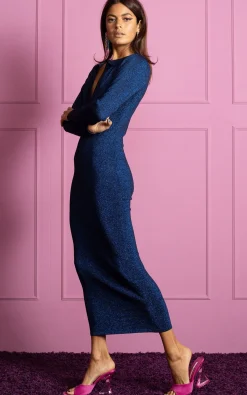 Gianna Metallic Knit Midaxi Dress In Blue