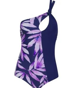 Halo Portinax Swimsuit In Watercolour Purple Leaf & Navy