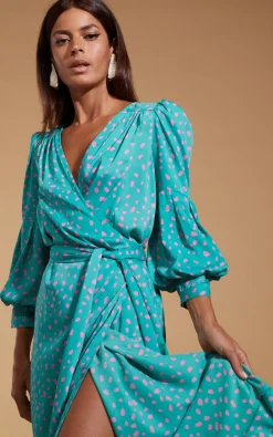 Havannah Maxi Wrap Dress In Abstract Pink On Sea Green