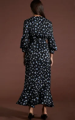 Havannah Maxi Wrap Dress In Abstract White On Black Leopard