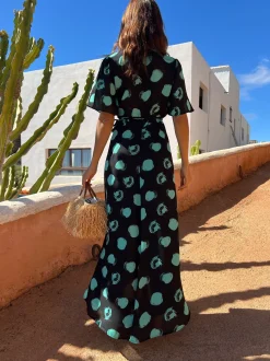 Jenna Maxi Dress In Green On Black Dot