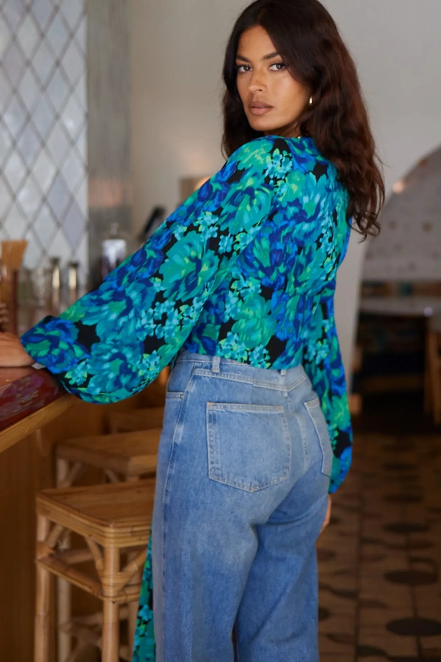 Joanie Tie Top In Blue & Green Floral