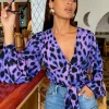 Joanie Tie Top In Lilac Leopard
