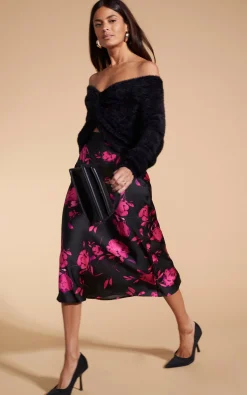 Lotus Skirt In Pink On Black Floral