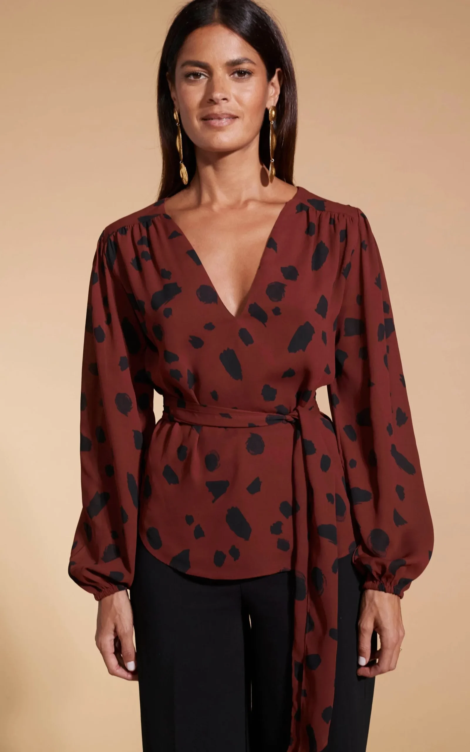 Lyma (Multi-Way) Tie Neck Top In Abstract Dot Black On Rust