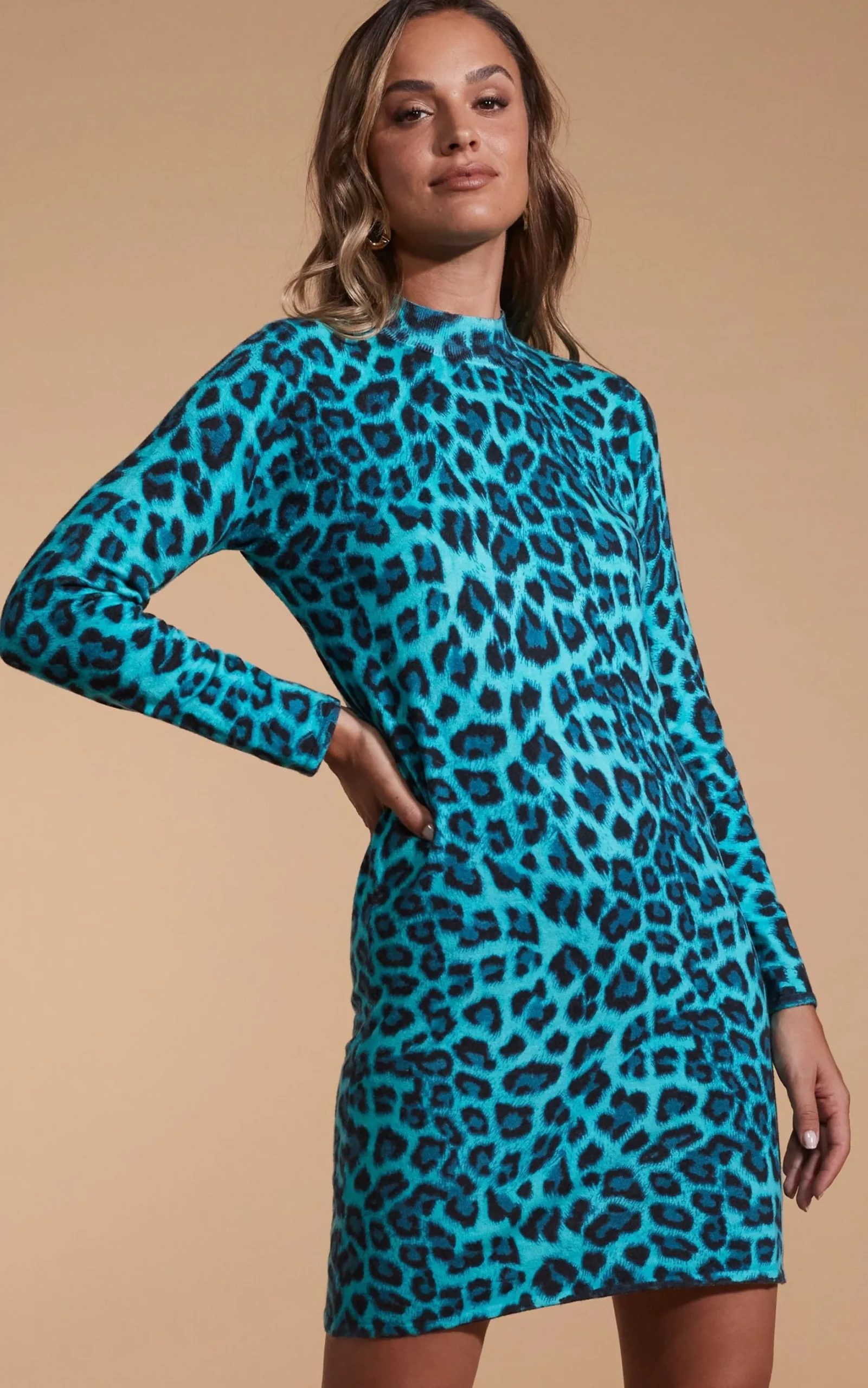 Lynx Slouchy Mini Dress In Green Leopard