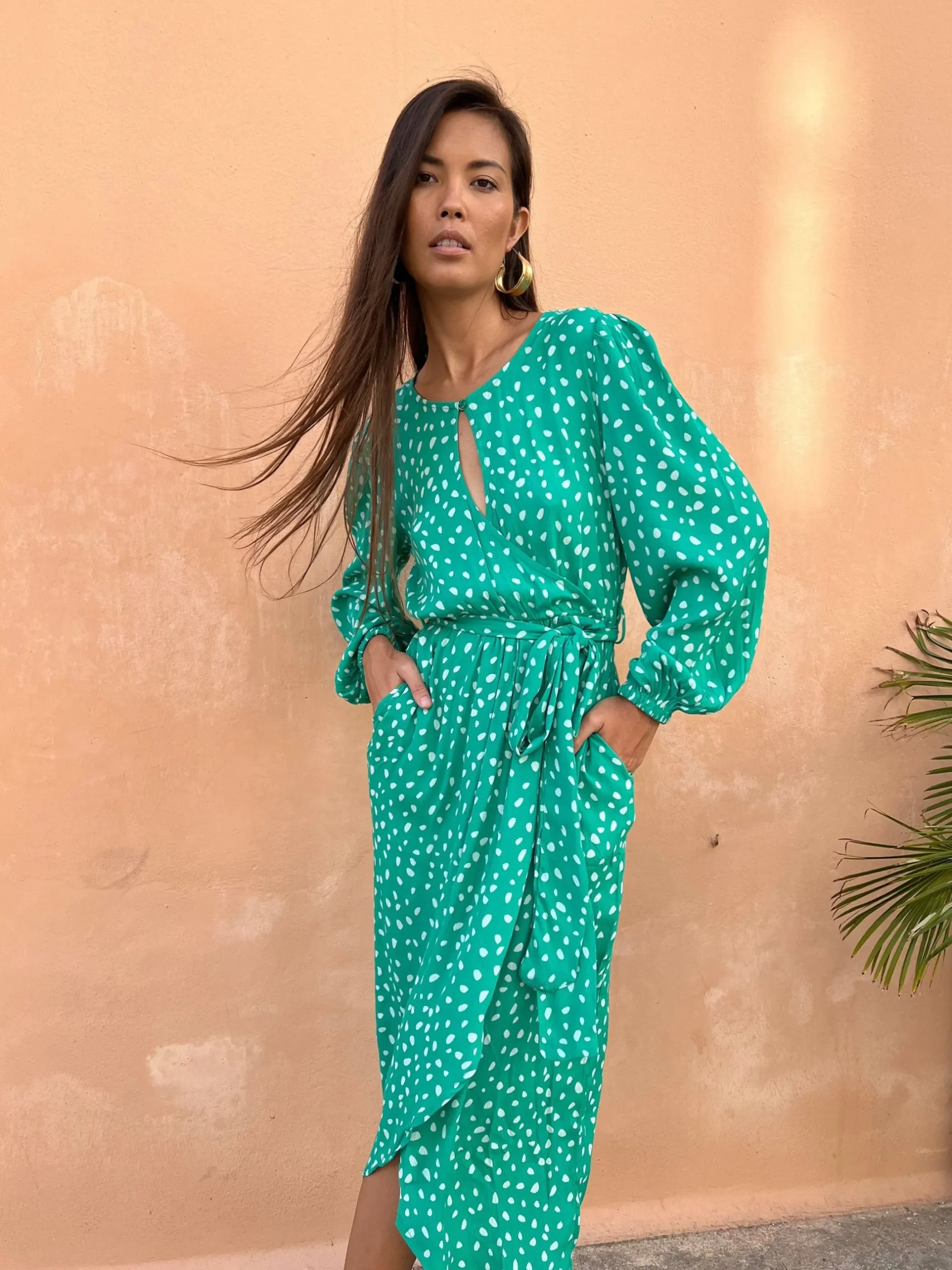 Mabel Midaxi Mock Wrap Dress In Odd Dot White On Sea Green