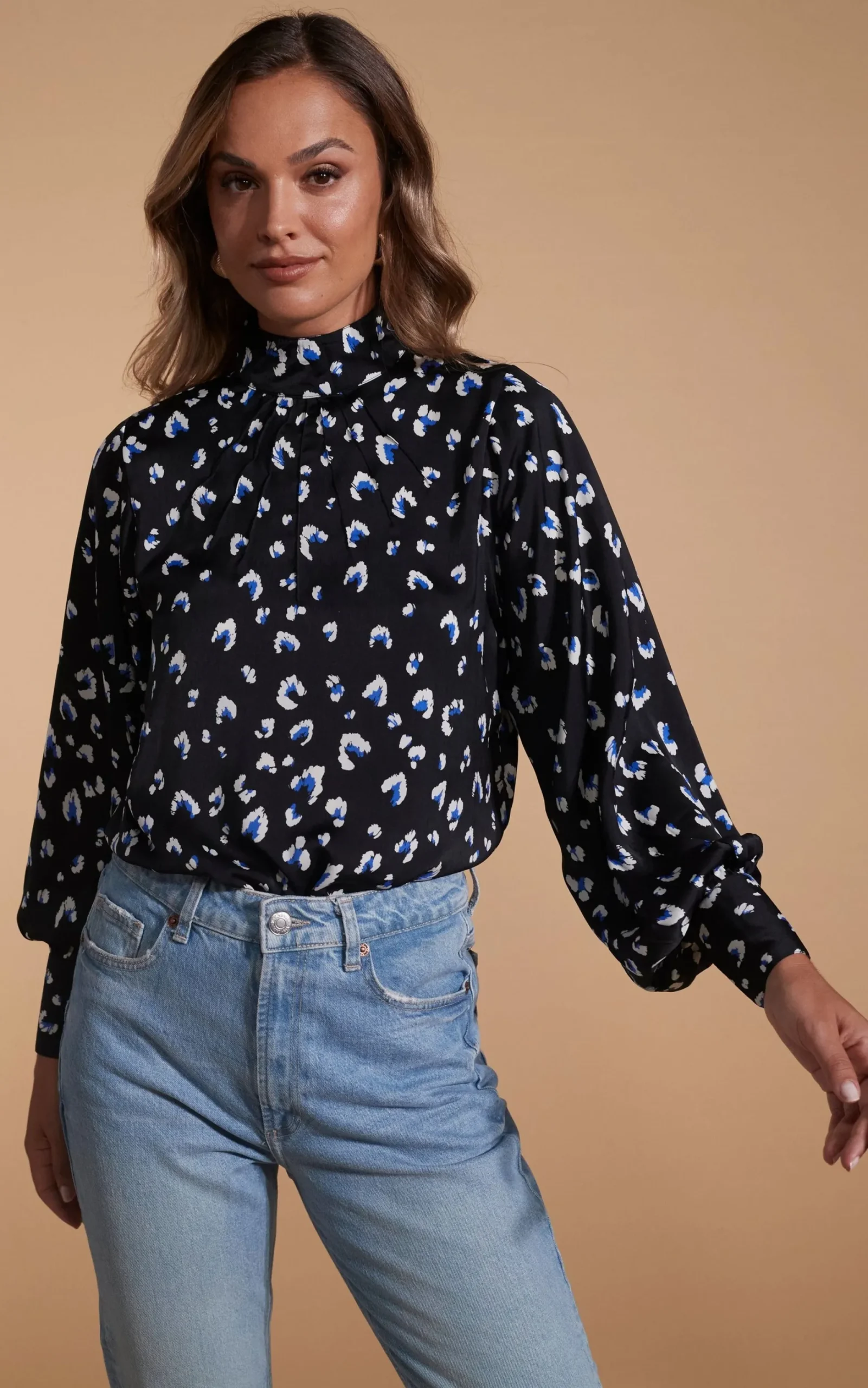Margo Pintuck Blouse In Abstract White On Black Leopard