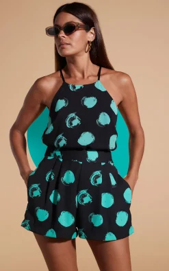 Nina Halter Cami Top In Large Dot Green On Black