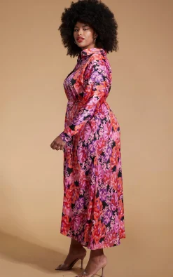 Paris Shirt Dress In Red & Lilac Floral - Extended Sizing