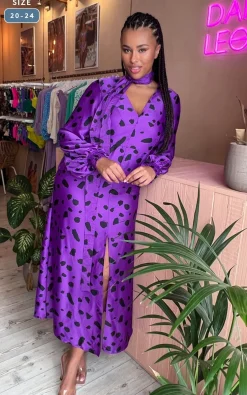 Remy Dress In Abstract Dot Black On Purple- Extended Sizing