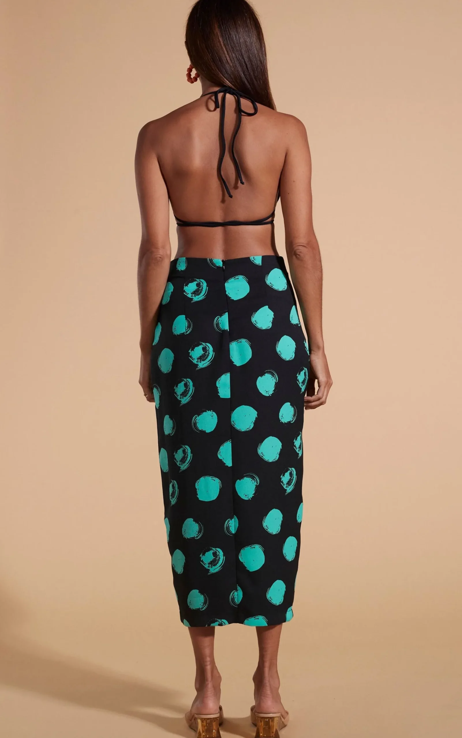 River Skirt In Green On Black Dot