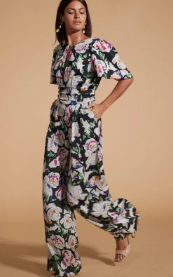 Savannah Jumpsuit In White On Black Floral
